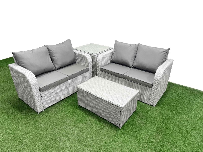 Fimous 4 Seater Outdoor Love Sofa Set Rattan Garden Furniture Set with Rectangular Coffee Table Side Table Light Grey