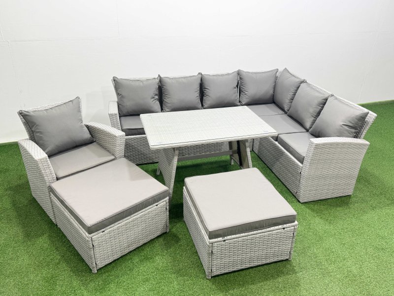 Fimous 9 Seater Garden Outdoor Rattan Furniture Set Rattan Corner Sofa Oblong Dining Table with Armchair 2 Big Footstools Light Grey Mixed