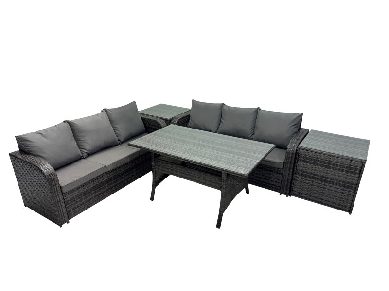 Fimous 6 Seat Outdoor Wicker PE Rattan Garden Furniture Set Dining Table Sofa Set with 2 Side Tables Dark Grey Mixed