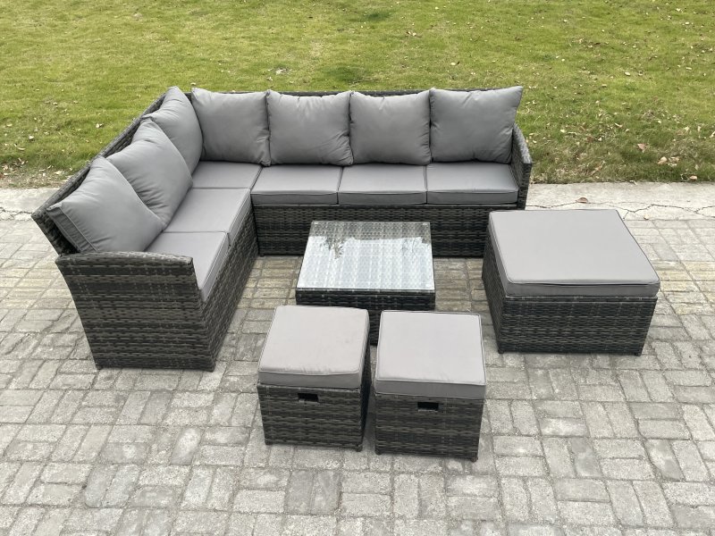 Fimous 9 Seater Outdoor Garden Furniture Set Wicker PE Rattan Corner Sofa Set with Square Coffee Table 3 Footstools Dark Grey Mixed