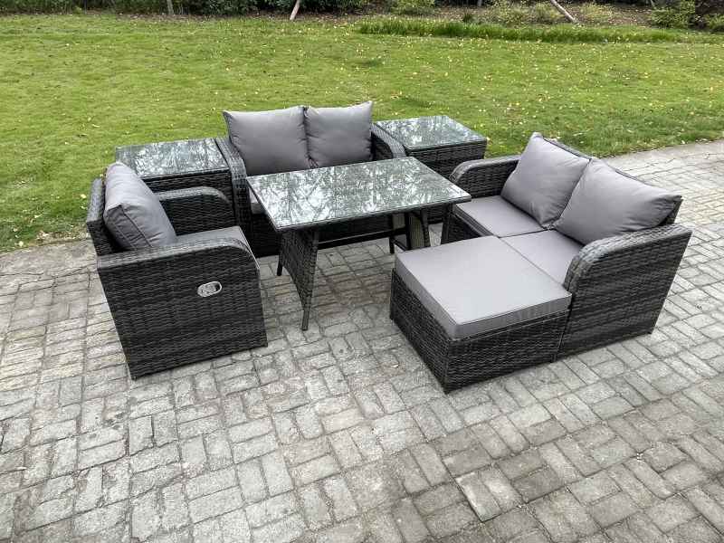 Fimous 7 Pieces Outdoor Garden Dining Sets Rattan Furniture With Dining Table Armchairs Love Sofa 2 Side Tables Big Footstool Dark Grey Mixed