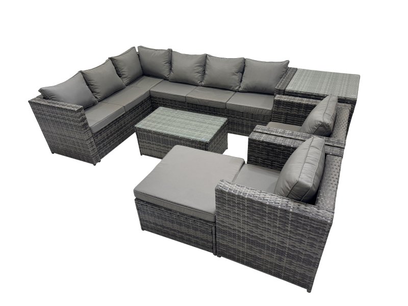 Fimous Outdoor Rattan Rectangular Coffee Table Corner Sofa Sets Garden Furniture Set with 2 Chairs Big Stool Side Table Dark Grey Mixed