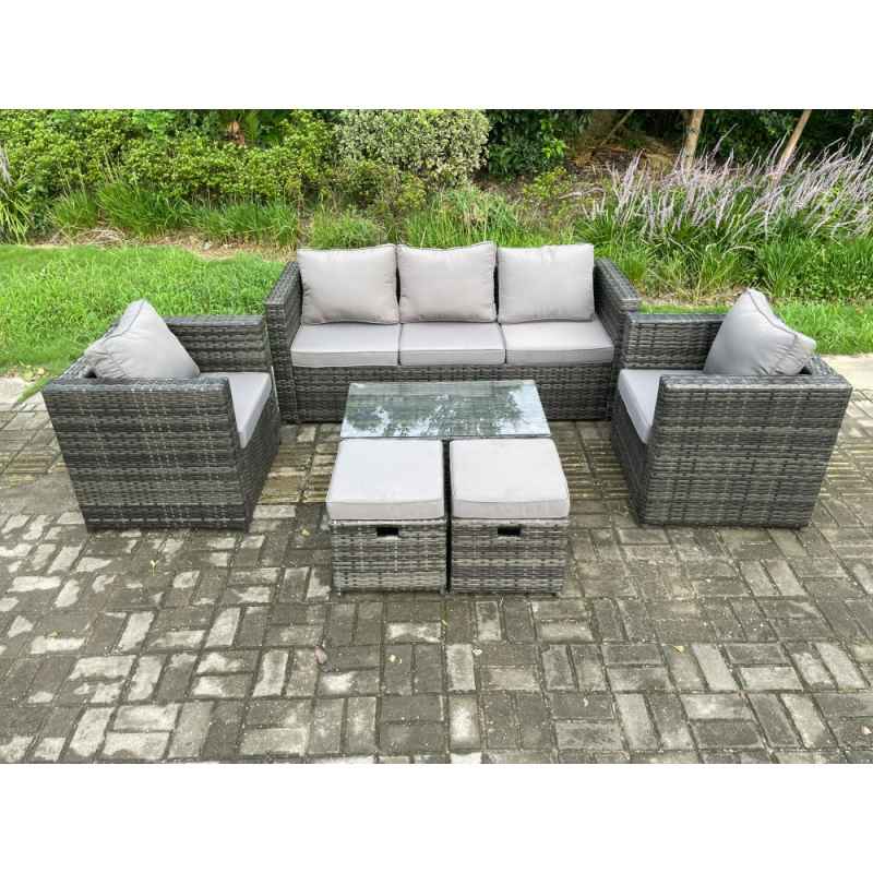 Fimous Outdoor Rattan Garden Furniture Set with 3 Seater Sofa Coffee Table 2 Armchairs 2 Small Footstool Patio Lounge Sofa Set Dark Grey Mixed