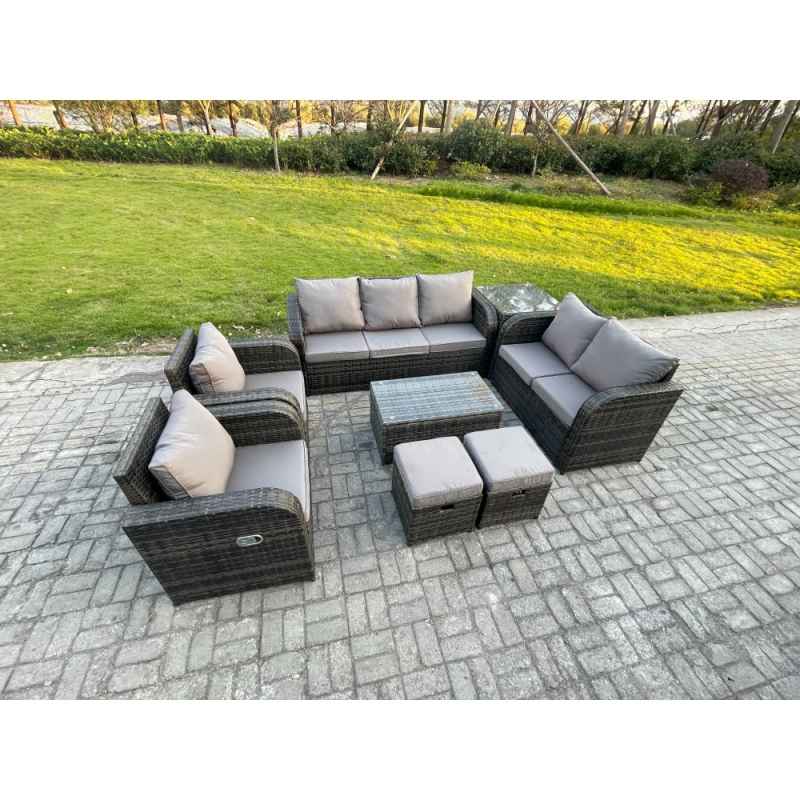 Fimous 9 Seater Rattan Wicker Garden Furniture Patio Conservatory Sofa Set with Rectangular Coffee Table 3 Seater Sofa Love Sofa 2 Small Footstools Side Table