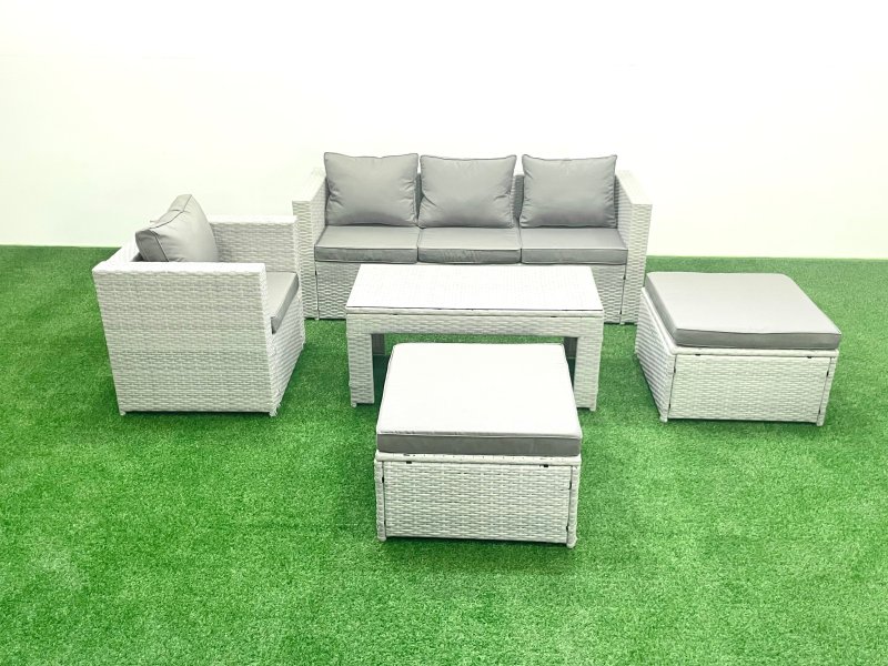 Fimous Outdoor Rattan Garden Furniture Set with Grey Cushions Luxury 6 Seater with 2 Big Footstools and Coffee Table For Conservatory,Patio