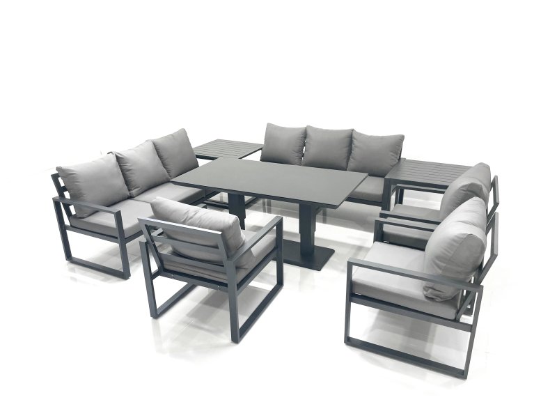 Fimous Garden Sofa Set Aluminium Furniture Rising Dining Tabe Set with 3 Chair 2 Side Tables Dark Grey