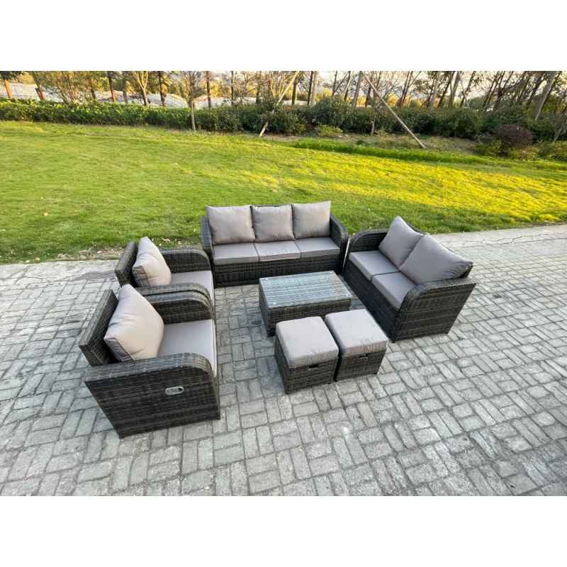Fimous 9 Seater Rattan Wicker Garden Furniture Patio Conservatory Sofa Set with Rectangular Coffee Table 3 Seater Sofa Love Sofa 2 Small Footstools