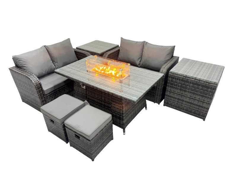 Fimous 6-seater Patio Gas Firpit Dining Table Sofa Sets Rattan Garden Furniture Dining Set with 2 Side Tables 2 Small Stools Dark Grey Mixed