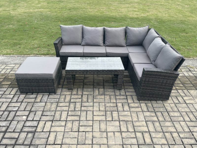 Fimous Rattan Corner Sofa Garden Furniture Set with Big Footstool Rectangular Coffee Table with Cushion Dark Grey Mixed