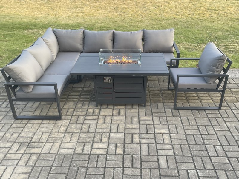 Fimous Aluminium Outdoor Garden Furniture Corner Sofa Gas Fire Pit Dining Table Sets Gas Heater Burner with Chair Dark Grey 7 Seater