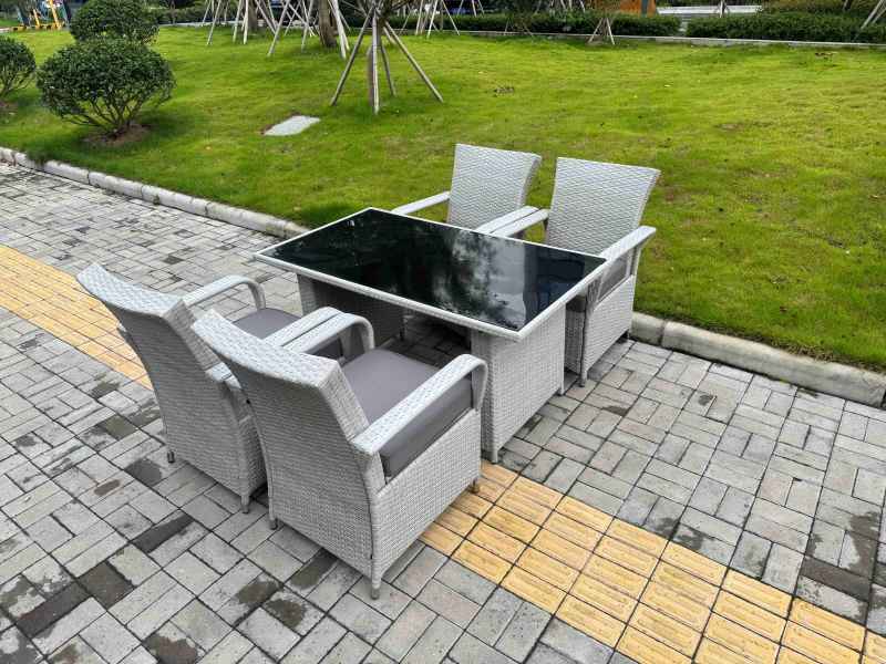 Fimous Light Grey Rattan Outdoor Garden furniture Set Black Tempered Glass Dining Table and 4 Chairs Set with Seat Cushion