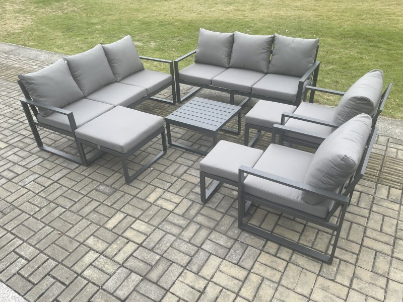 Fimous Aluminium Outdoor Garden Furniture Set Patio Lounge Sofa with Square Coffee Table 2 Armchairs 3 Footstools Dark Grey