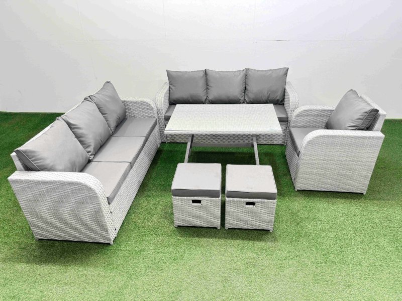 Fimous 6 Pieces Outdoor PE Rattan Garden Furniture with Cushions Reclining Chair 2 Small Stools Light Grey