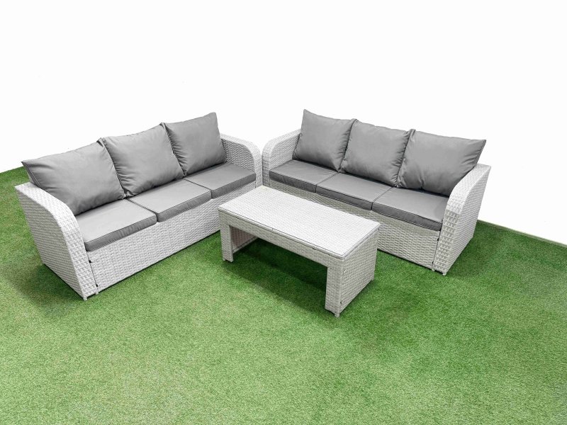 Fimous Outdoor Garden Furniture Sets 6 Seater Wicker Rattan Furniture Sofa Sets with Oblong Coffee Table high Back Lounge Sofa Light Grey