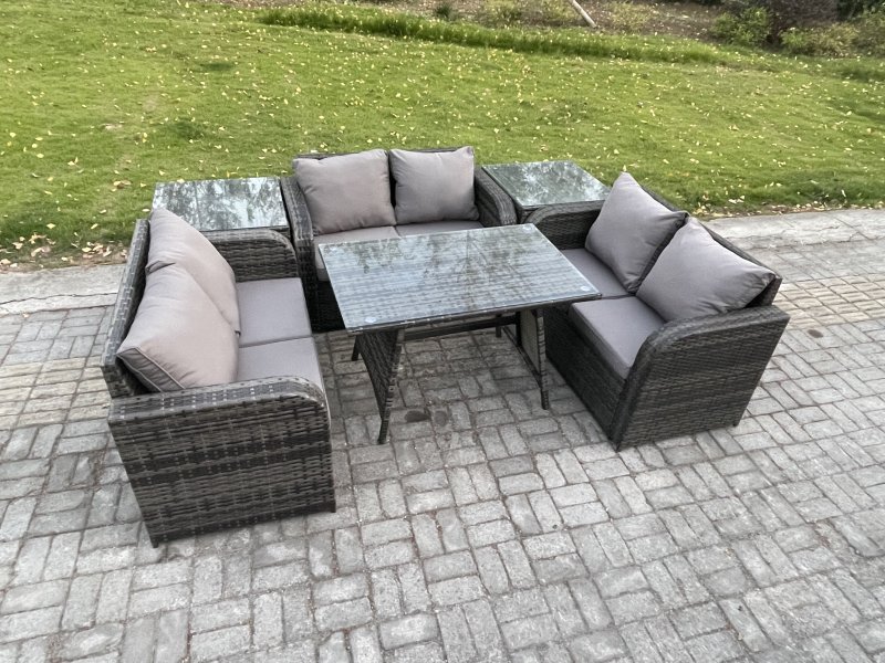 Fimous Rattan Garden Furniture Set 6 Seater Patio Outdoor Love Sofa Set with Rectangular Dining Table 2 Side Tables Dark Grey Mixed