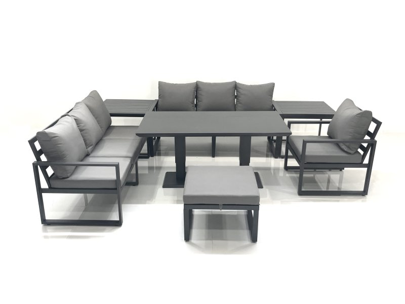 Fimous Outdoor Garden Furniture Set Aluminium Lounge Sofa Adjustable Rising Lifting Dining Table Sets with Big Footstool 2 Side Tables Dark Grey