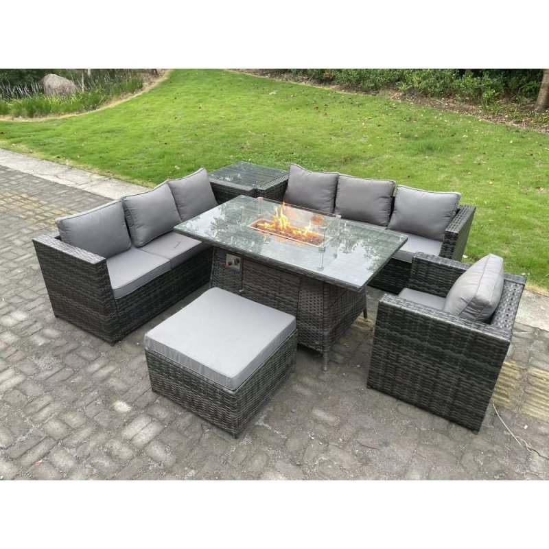Fimous Rattan Garden Furniture Sofa Set Outdoor Patio Gas Fire Pit Dining Table Gas Heater Burner With Side Table Armchair Big Footstool 8 Seater Dark Grey Mixed