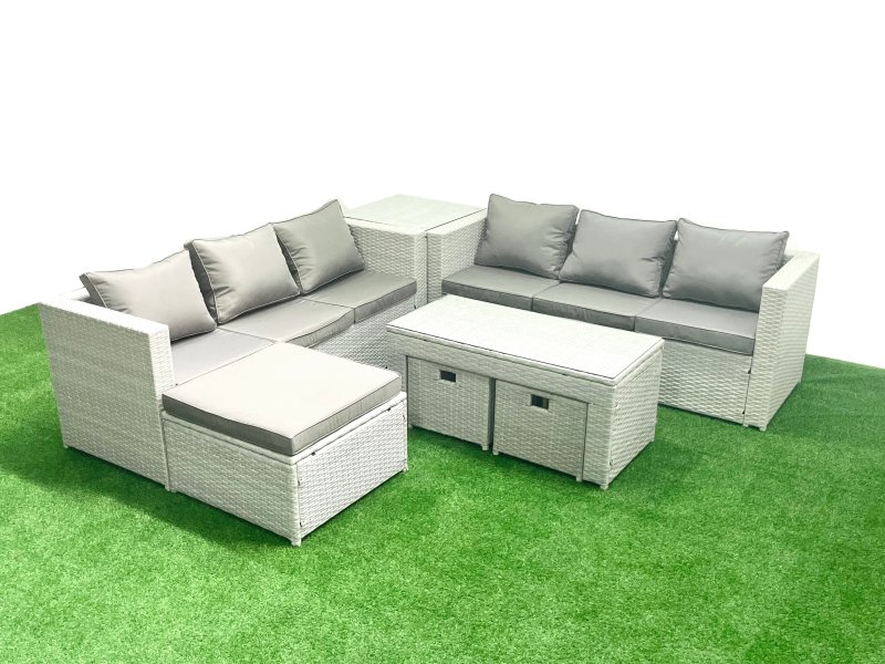 Fimous 9 Seater Garden Outdoor Rattan Furniture Set Rattan Garden Sofa Oblong Coffee Table with 3 Footstools Side Table Light Grey Mixed