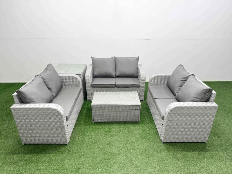 Fimous 6 Seater PE Wicker Rattan Furniture Sofa Sets with Rectangular Coffee Table 2 Seater Love Sofa Side Table Light Grey