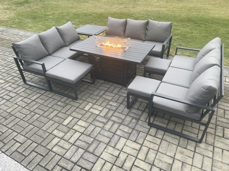 Fimous Aluminium Garden Furniture Outdoor Set Patio Lounge Sofa Gas Fire Pit Dining Table Set with 3 Footstools Side Table Dark Grey