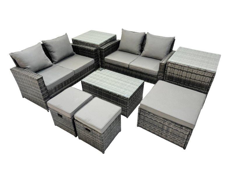 Fimous PE Rattan Garden Furniture Set Lounge Double Seat Sofa Coffee Table Set with 2 Side Tables 3 Stools Dark Grey MixedMixed