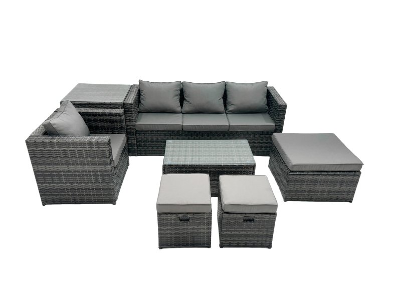 Fimous Outdoor Coffee Table Sofa Armchair Set with Side Table Big Stool 2 Small Footstools Garden Furniture Set Dark Grey Mixed