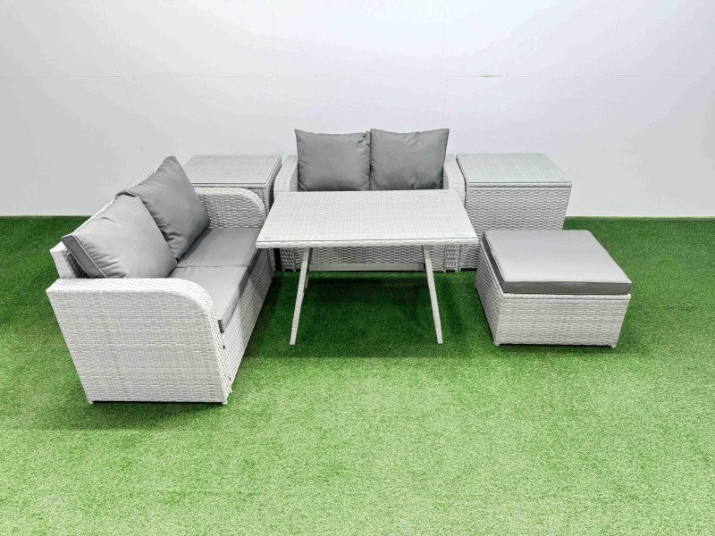 Fimous 5 Seater Outdoor Love Sofa Set Rattan Garden Furniture Set with Rectangular Dining Table 2 Side Tables Big Footstool Light Grey