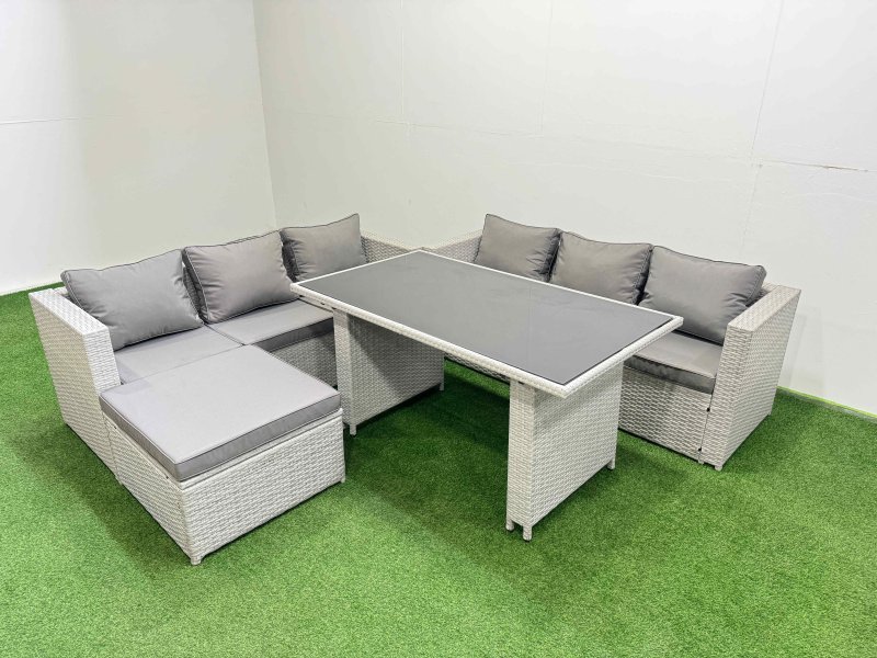 Fimous Rattan Garden Furniture Dining Set 7-seater Patio Rectangular Table Sofa Set with Big Stool Light Grey