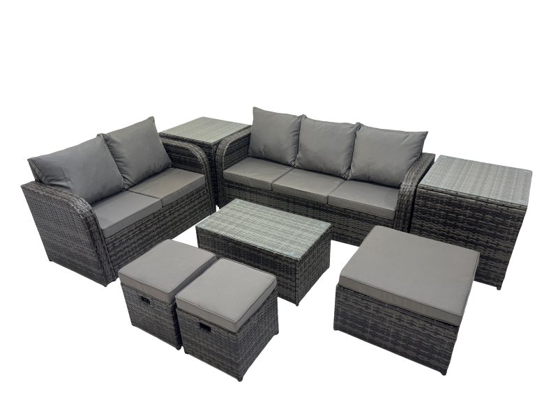 Fimous Outdoor Love Sofa 3 Seater Sofa Coffee Table Set Garden Rattan Furniture Set 8 Seater with 2 Side Tables 3 Stools Dark Grey