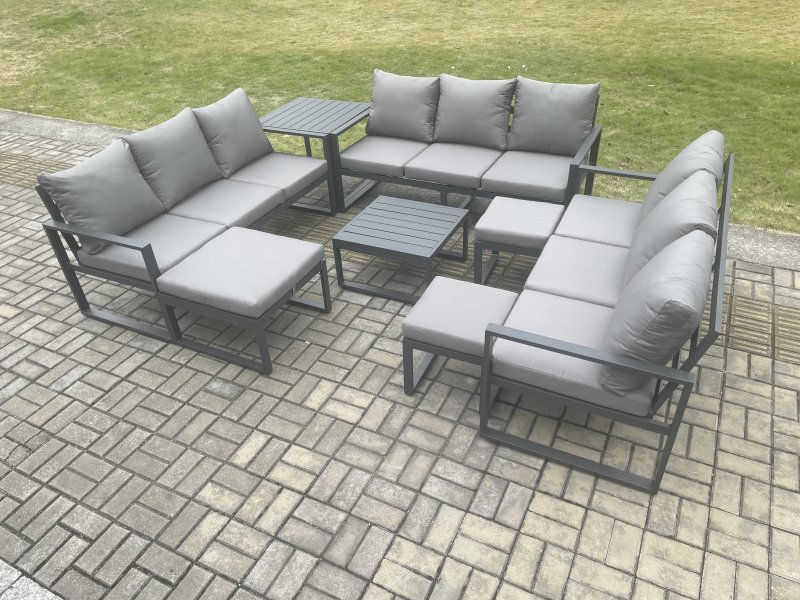 Fimous Aluminium Outdoor Garden Furniture Set Patio Lounge Sofa with Square Coffee Table Side Table 3 Footstools Conservatory Set Dark Grey
