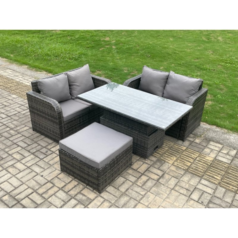 Fimous Outdoor Rattan Furniture Garden Dining Set Height Adjustable Rising lifting Table Love Sofa Set With Big Footstool Dark Grey Mixed