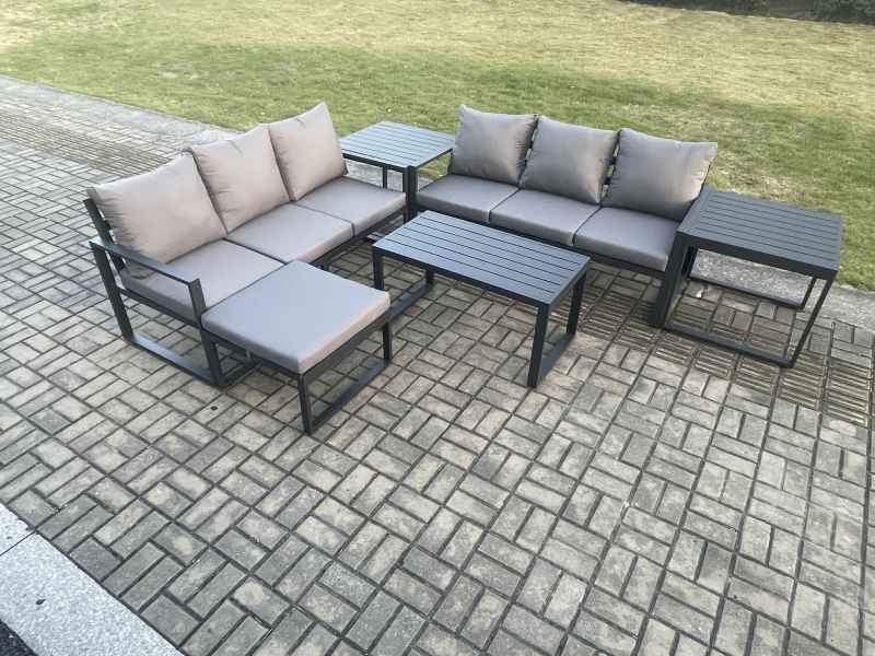 Fimous Aluminium 6 Pieces Outdoor Garden Furniture Lounge Sofa Set with Oblong Coffee Table Big Footstool 2 Side Tables Dark Grey