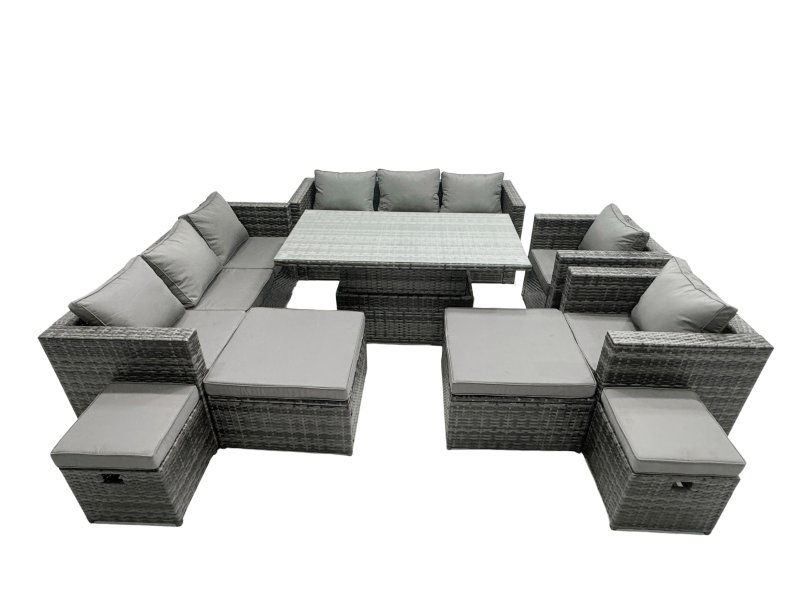 Fimous Rattan Dining Table Sofa Set with 2 Armchair 4 Stools Outdoor 12 Seat Garden Furniture Set Dark Grey Mixed