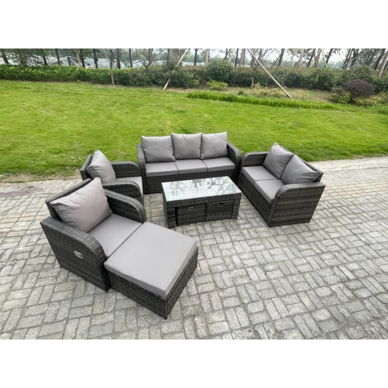 Fimous Outdoor Rattan Garden Furniture Set Rattan Lounge Sofa Set with Rectangular Coffee Table 3 Footstools Dark Grey Mixed