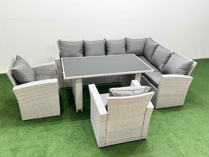 Fimous Outdoor Garden Furniture Sets 8 Seater Wicker Rattan Corner Sofa Sets with Rectangular Dining Table Lounge Sofa 2 Armchair Light Grey