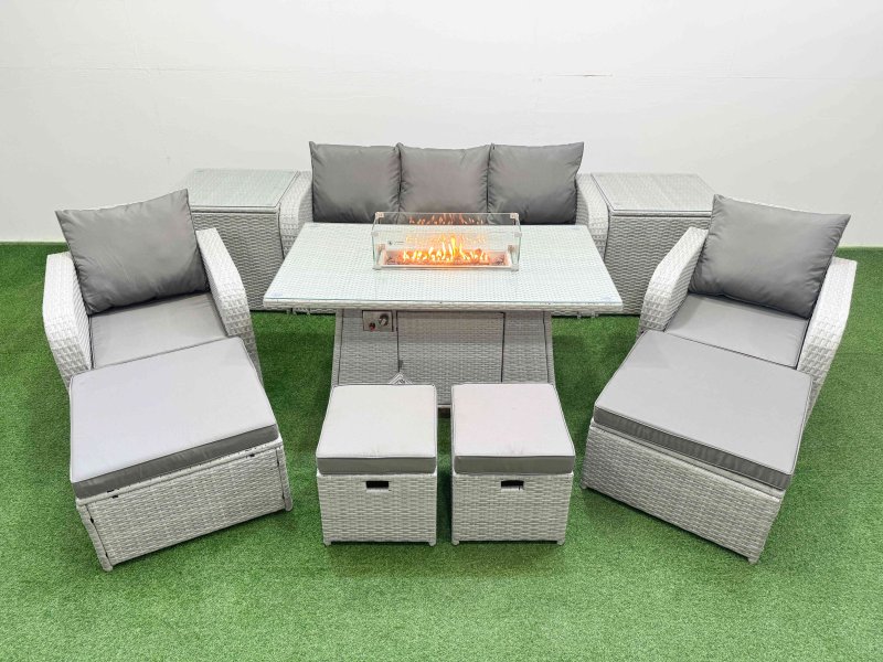 Fimous PE Rattan Lounge Sofa Set 9 Seater Outdoor Garden Furniture Set with Gas Firepit Table 3 Seater Sofa 2 Big Footstools 2 Side Tables Light Grey