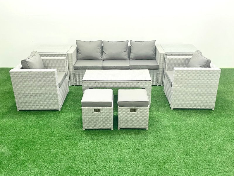 Fimous Rattan Garden Furniture Set 7 Seater Outdoor Garden Sofa Oblong Coffee Table Set with 2 Chairs 2 Stools 2 Side Tables Light Grey Mixed