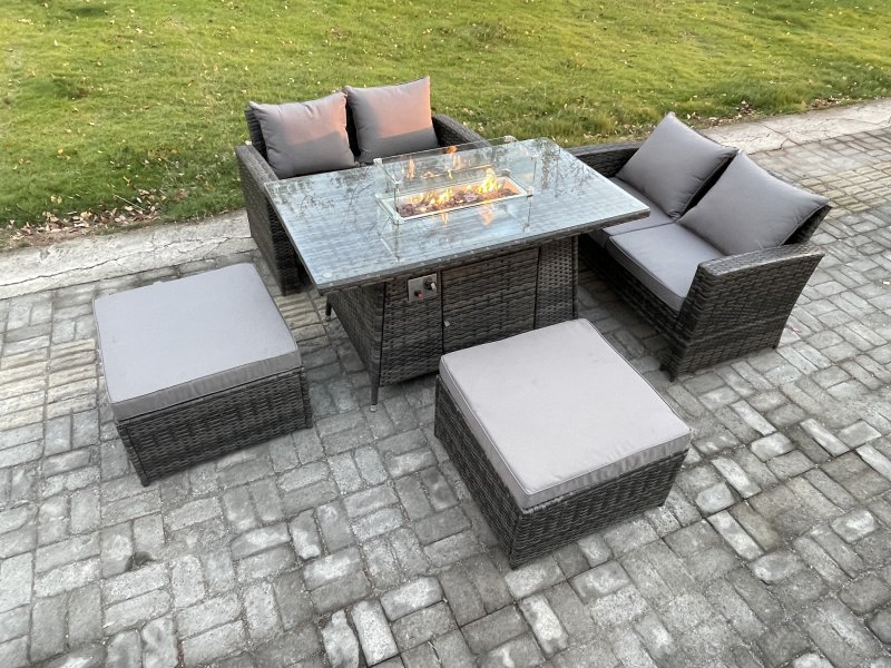 Fimous 5 Pieces Garden Furniture Sets Poly Rattan Outdoor Patio Gas Firepit Dining Table Sofa Set with 2 Big Footstool