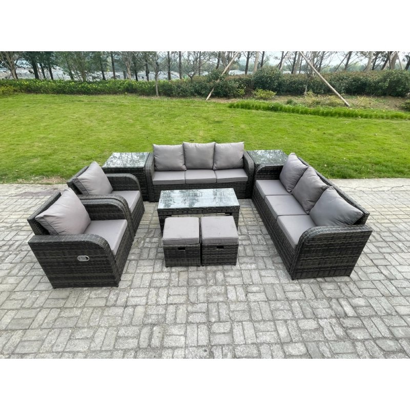 Fimous Wicker PE Rattan Sofa Set 10 Seater Outdoor Patio Garden Furniture Set with 2 Reclining Chairs Coffee Table 2 Side Tables 2 Small Footstools Dark Grey Mixed