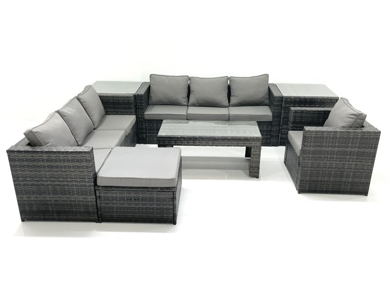 Fimous Rattan Garden Furniture Set Outdoor 8 Seater Patio Conversation Sets with Glass Top Coffee Table 2 Side Tables