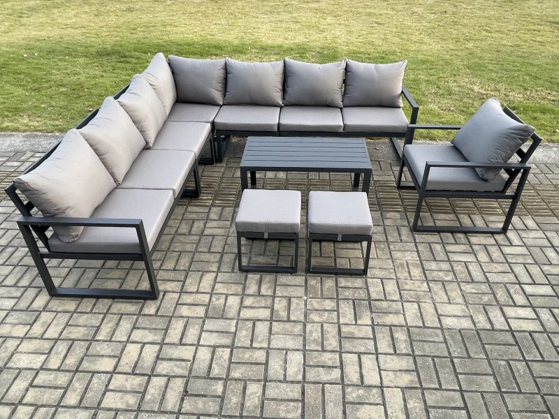 Fimous Aluminium Outdoor Garden Furniture Set Lounge Corner Sofa Chair Oblong Coffee Table Sets with 2 Small Footstools Dark Grey
