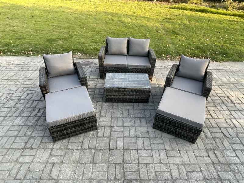 Fimous Outdoor Rattan Garden Furniture Set 6 Seater Patio Lounge Sofa Set with Coffee Table 2 Big Footstool Dark Grey Mixed