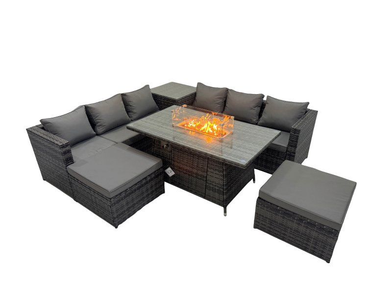 Fimous 8 Seater Garden Outdoor Rattan Furniture Set Patio Corner Sofa Gas Firepit Dining Table with Side Table 2 Big Stools Dark Grey
