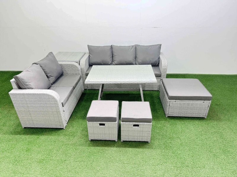 Fimous Outdoor PE Rattan Garden Furniture Set Rectangular Dining Table Sofa Set with 3 Stool Side Table Light Grey