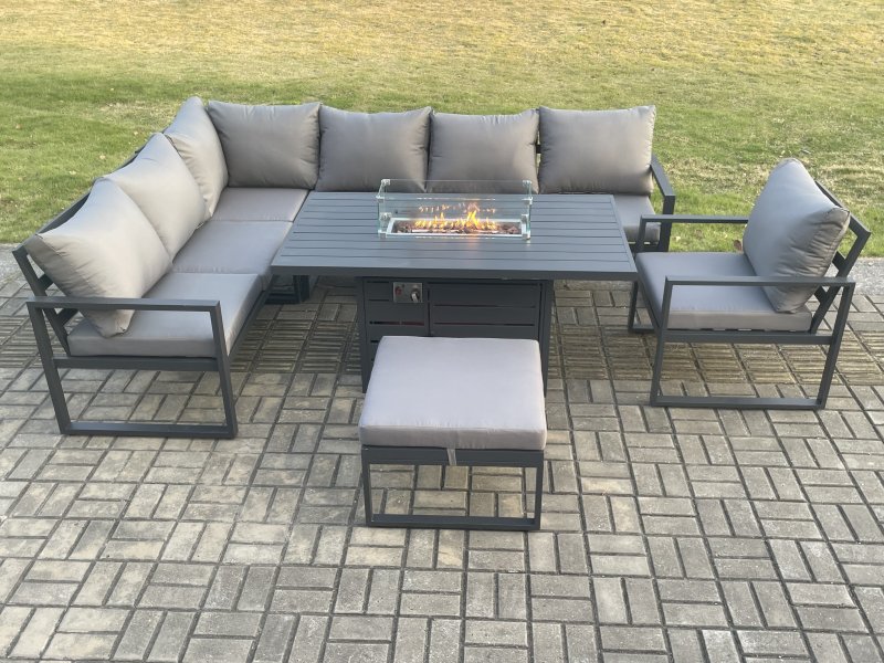 Fimous Aluminium Outdoor Garden Furniture Corner Sofa Gas Fire Pit Dining Table Sets Gas Heater Burner with Chair Big Footstool Dark Grey 8 Seater