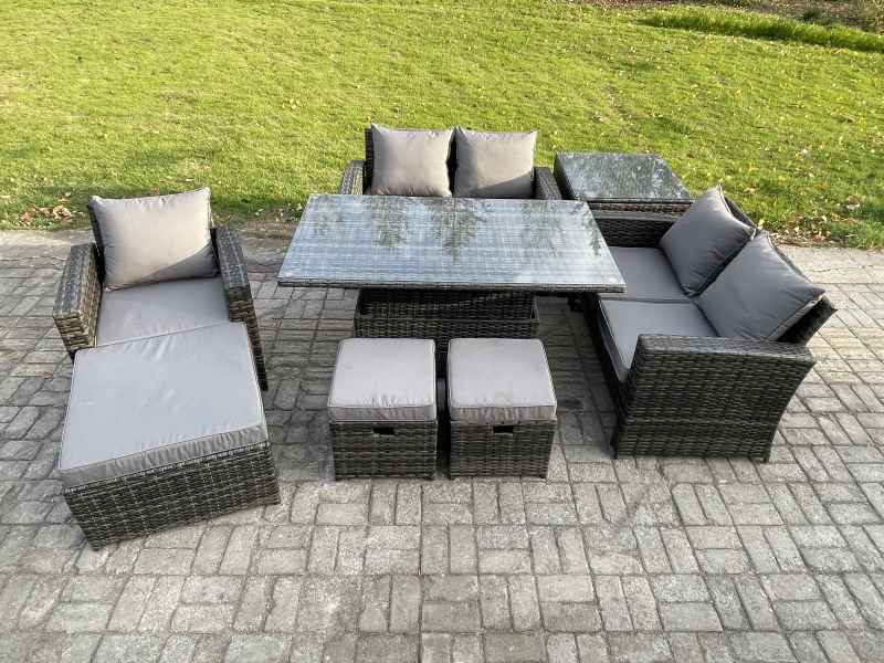 Fimous Outdoor Rattan Patio Furniture Set Garden Lounge Sofa Set with Rising Lifting Table Side Table 3 Footstools Dark Grey Mixed