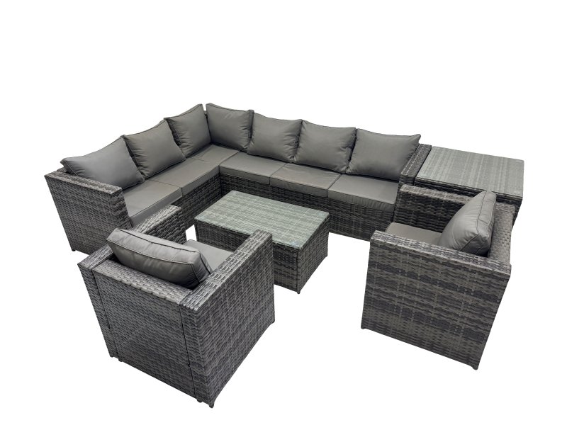 Fimous Outdoor Rattan Rectangular Coffee Table Corner Sofa Sets Garden Furniture Set with Chair Side Table Dark Grey Mixed
