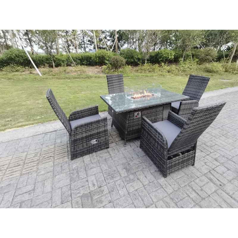 Fimous Rattan Garden Furniture Gas Fire Pit Rectangle Oblong Dining Table And Chairs 4 Seater Plus Rectangular Table