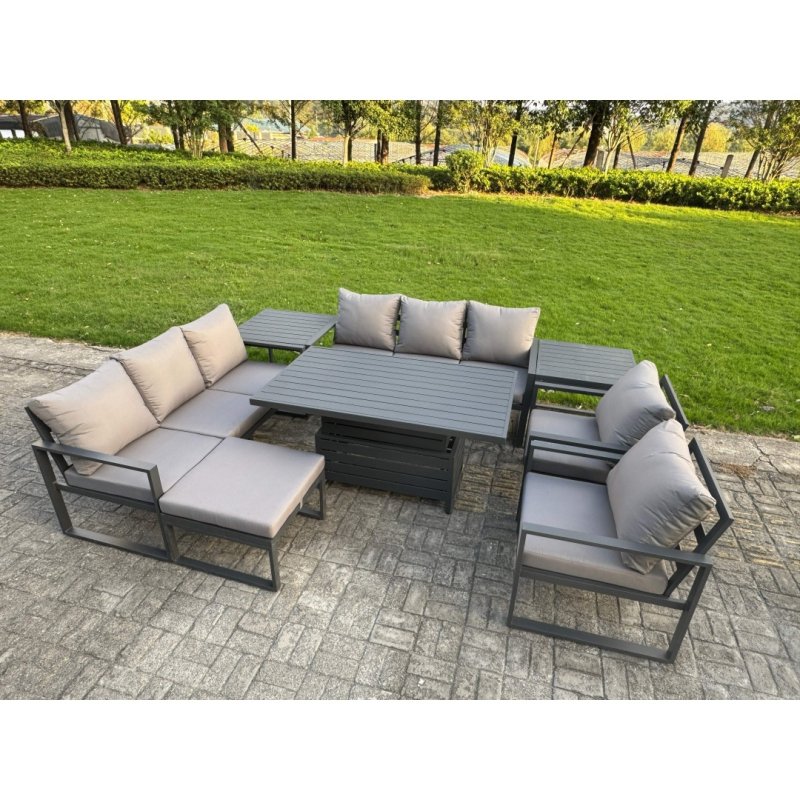 Fimous Garden Aluminium Furniture Set Dark Grey 9 Seater Outdoor Patio Adjustable Rising Lifting Dining Table with 2 Chairs Side Table Big Footstool Dark Grey