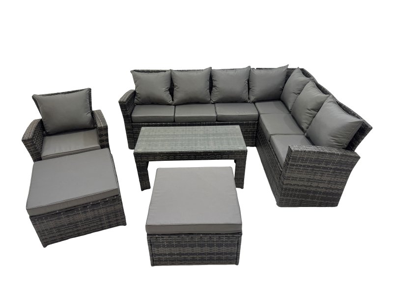 Fimous Rattan Garden Furniture Set 6 Pieces Outdoor Garden Sofa Oblong Coffee Table Set with Chair 2 Big Footstools Dark Grey Mixed